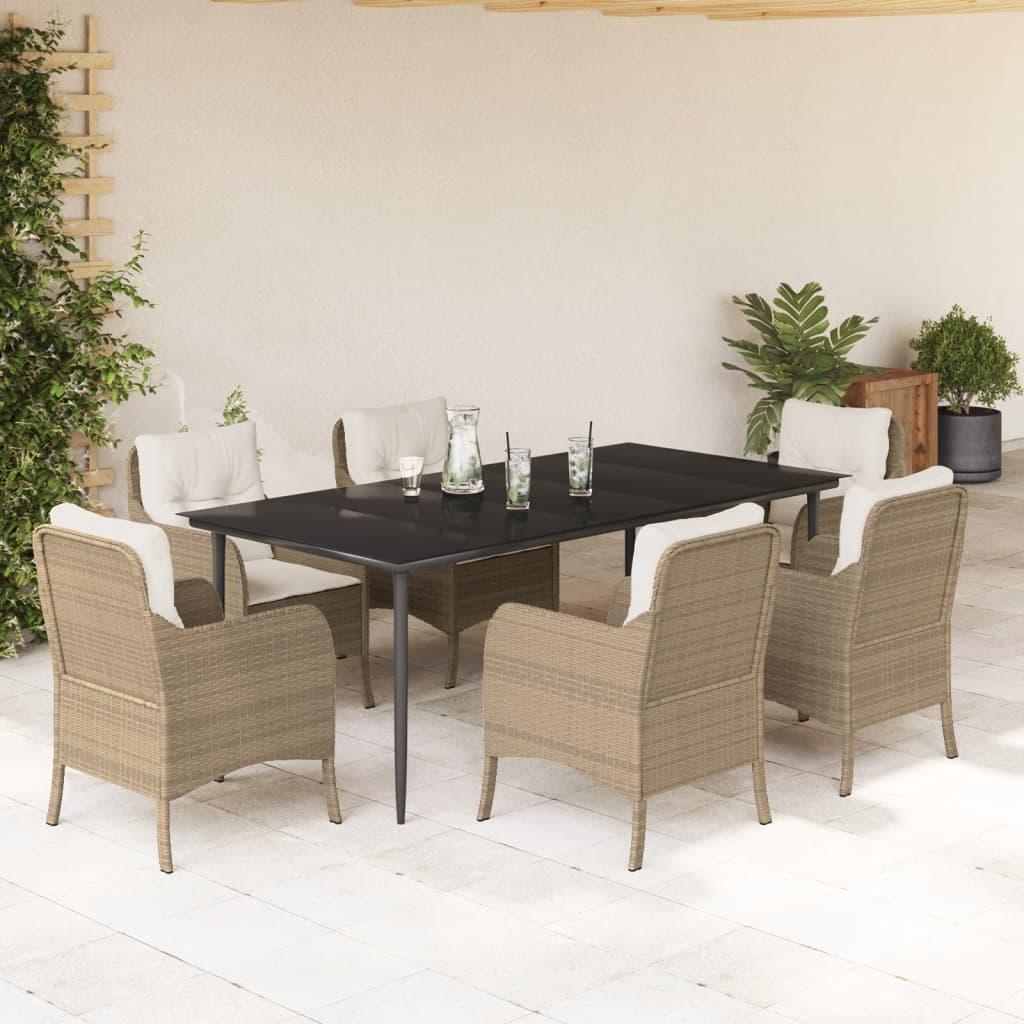 Spisebordssæt til haven 7 dele med hynder polyrattan beige