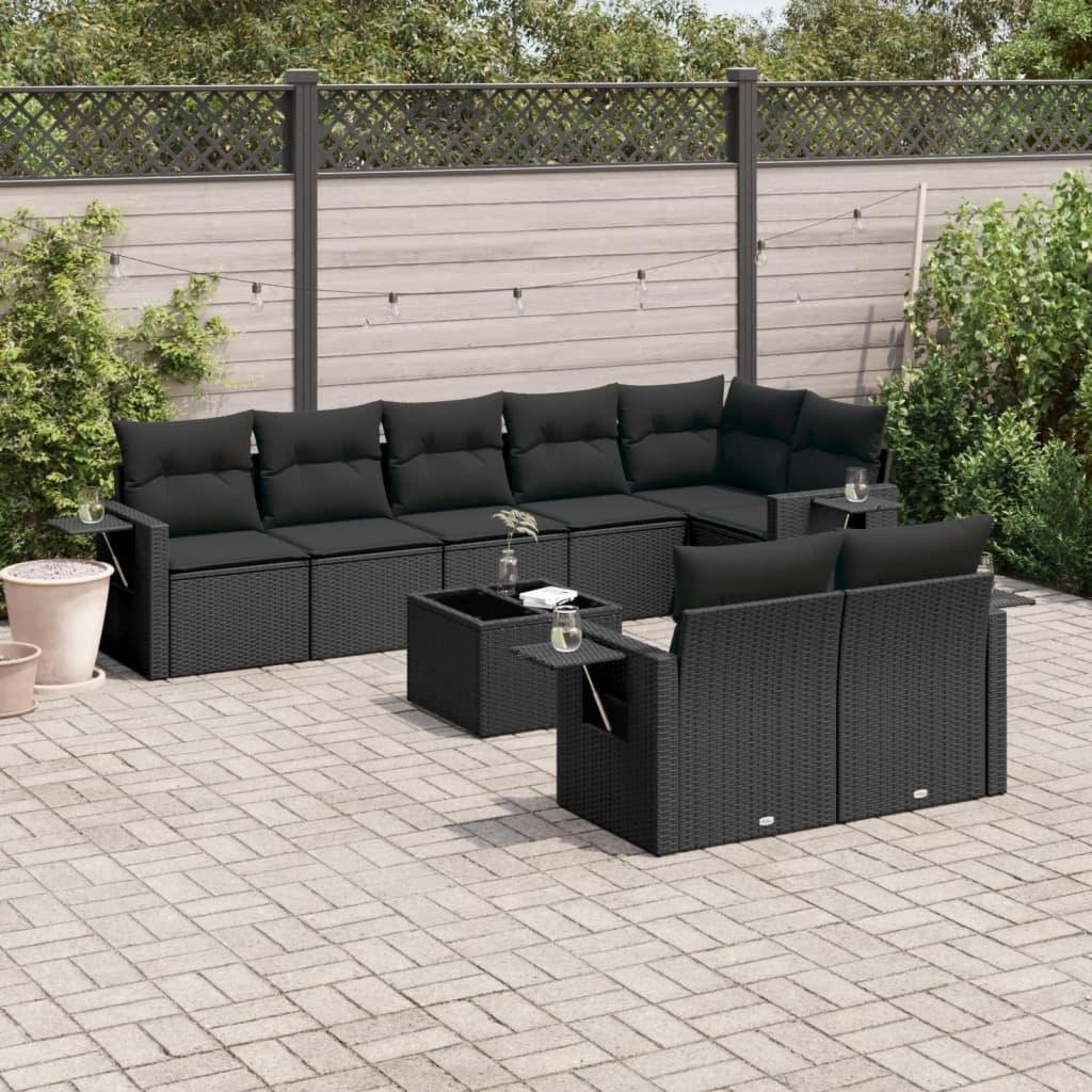 Sofasæt til haven i polyrattan - 9 dele med hynder, sort