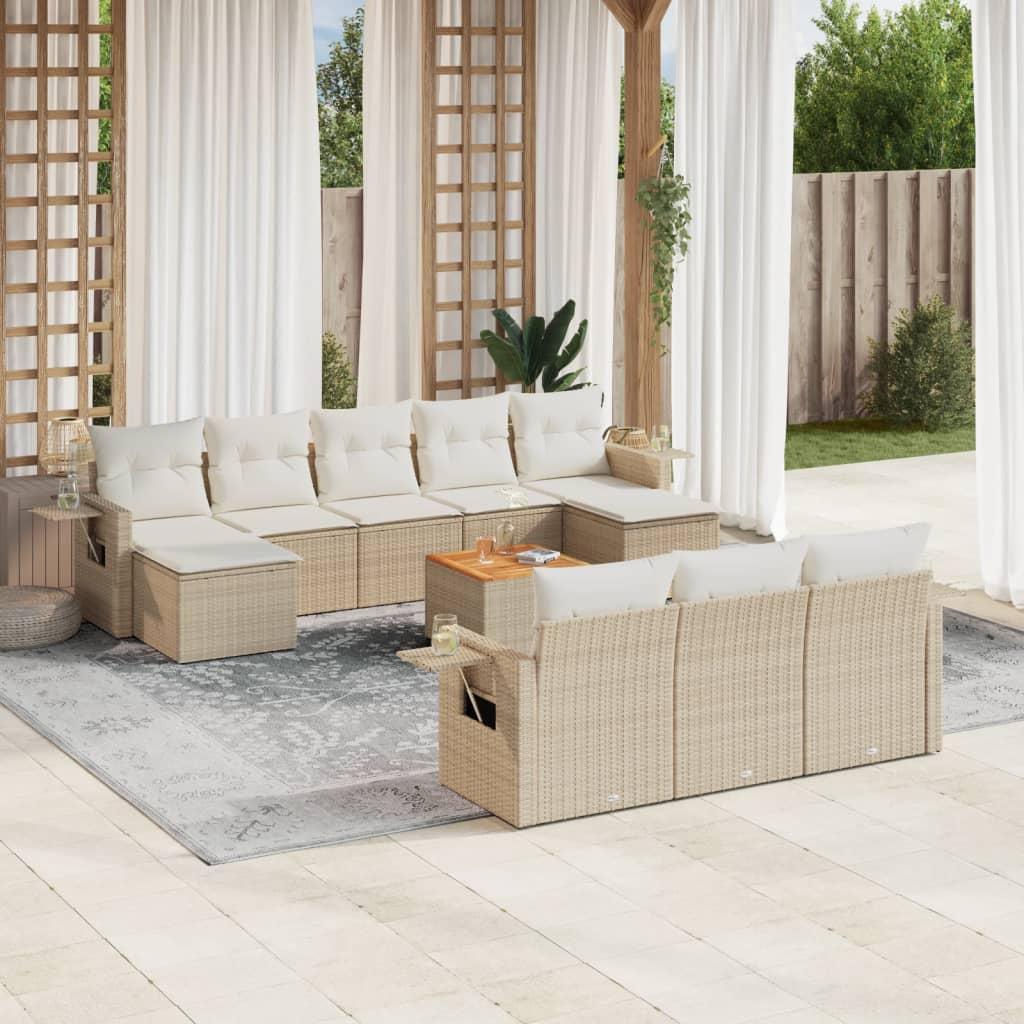 Havesofasæt i polyrattan, 11 dele med hynder - beige, modulopbygget loungesæt billede