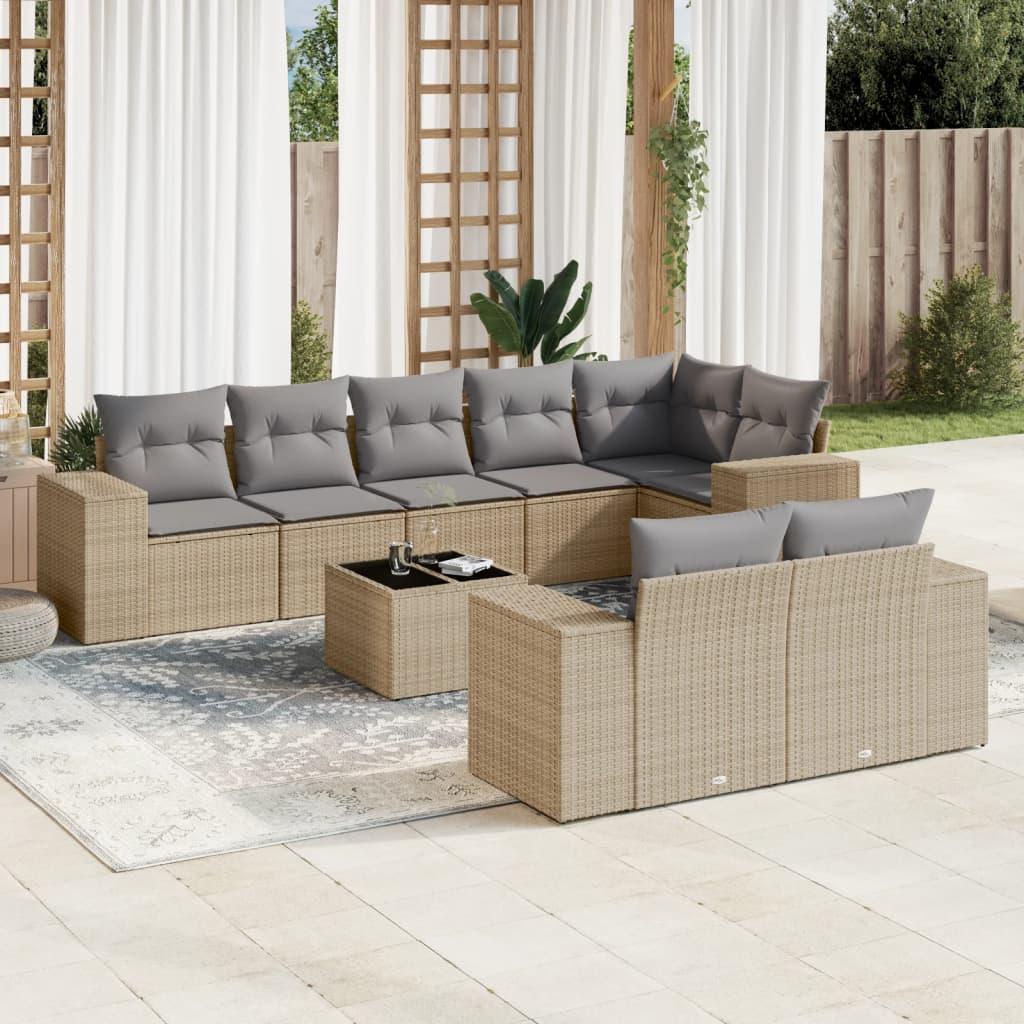 Sofasæt til haven i polyrattan - 9 dele med hynder, beige