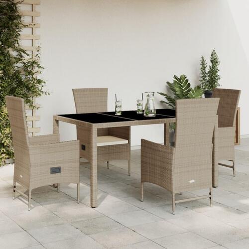 Spisebordssæt til haven 5 dele med hynder polyrattan beige