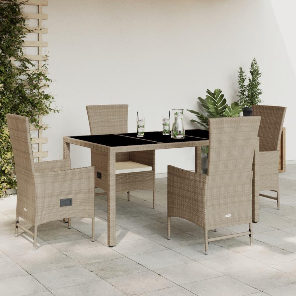 Spisebordssæt til haven 5 dele med hynder polyrattan beige