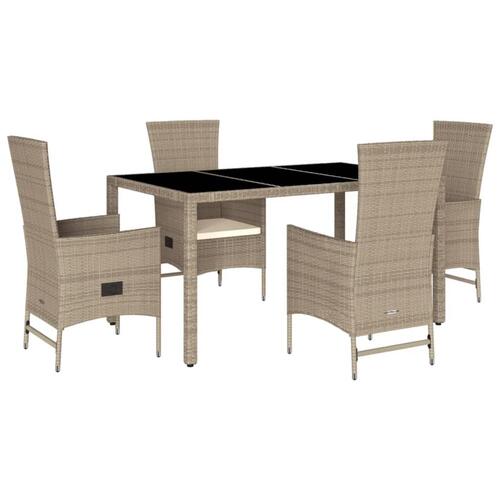 Spisebordssæt til haven 5 dele med hynder polyrattan beige