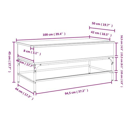Sofabord 100x50x45 cm konstrueret træ og metal grå sonoma-eg