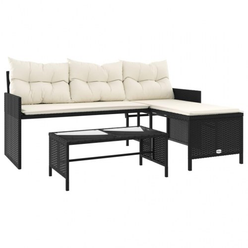 Havesofa med bord og hynder L-formet polyrattan - sort