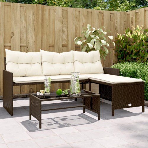 L-formet havesofa med bord og hynder i polyrattan - brun/creme
