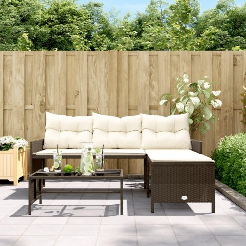L-formet havesofa med bord og hynder i polyrattan - brun/creme