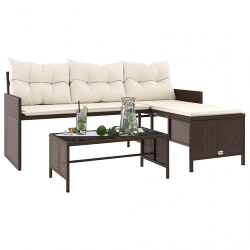 L-formet havesofa med bord og hynder i polyrattan - brun/creme