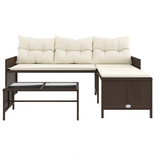L-formet havesofa med bord og hynder i polyrattan - brun/creme