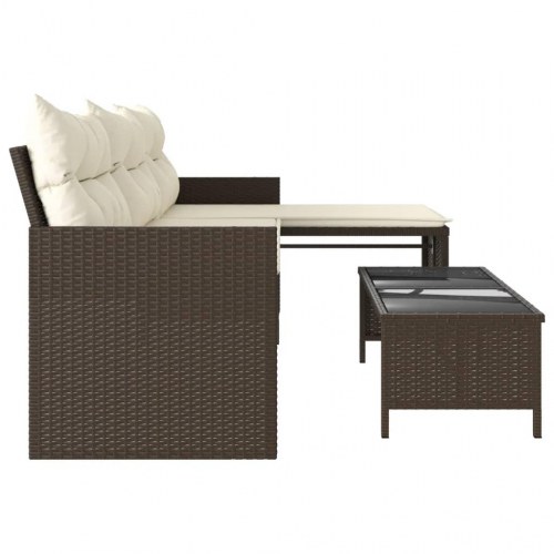 L-formet havesofa med bord og hynder i polyrattan - brun/creme