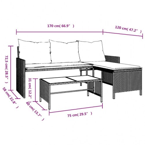 L-formet havesofa med bord og hynder i polyrattan - brun/creme