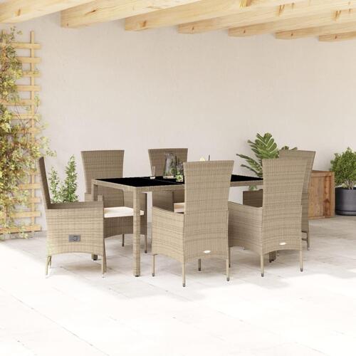 Spisebordssæt til haven 7 dele med hynder polyrattan beige