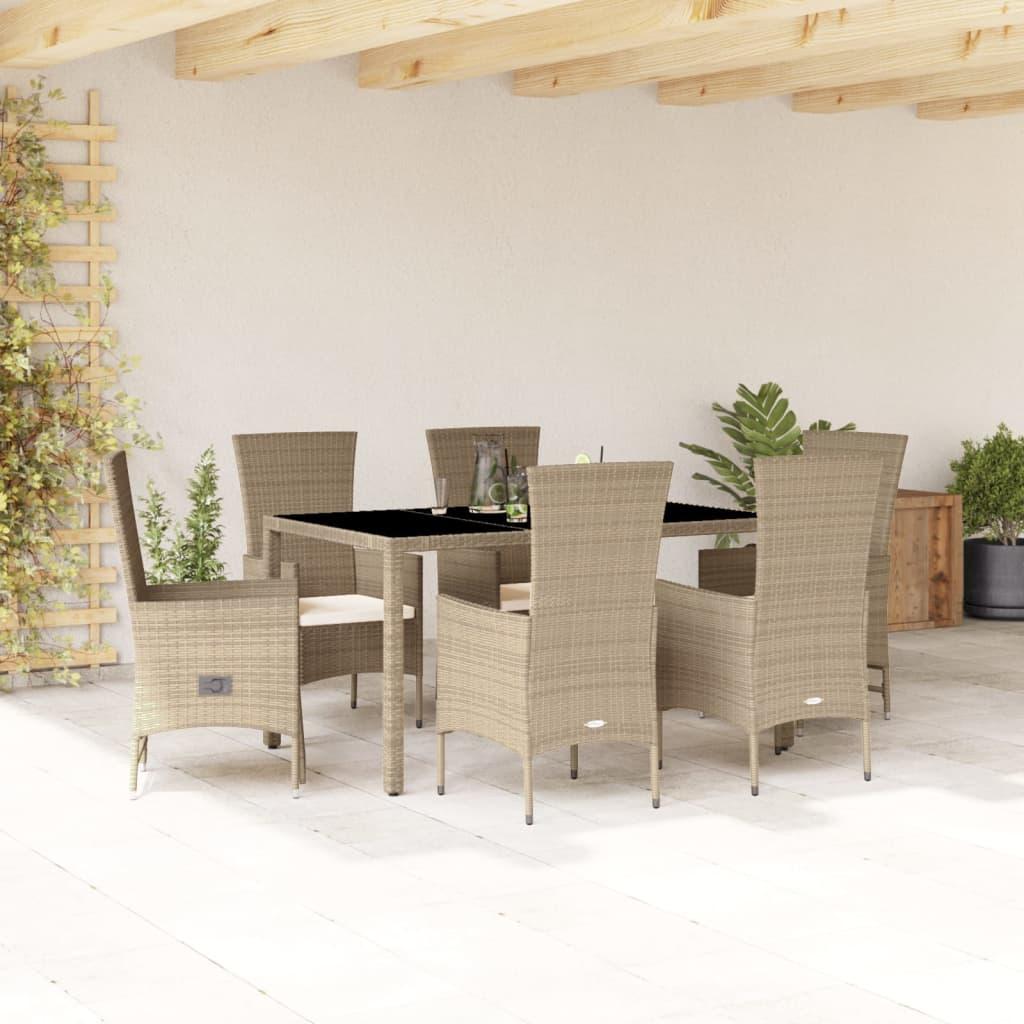 Spisebordssæt til haven 7 dele med hynder polyrattan beige