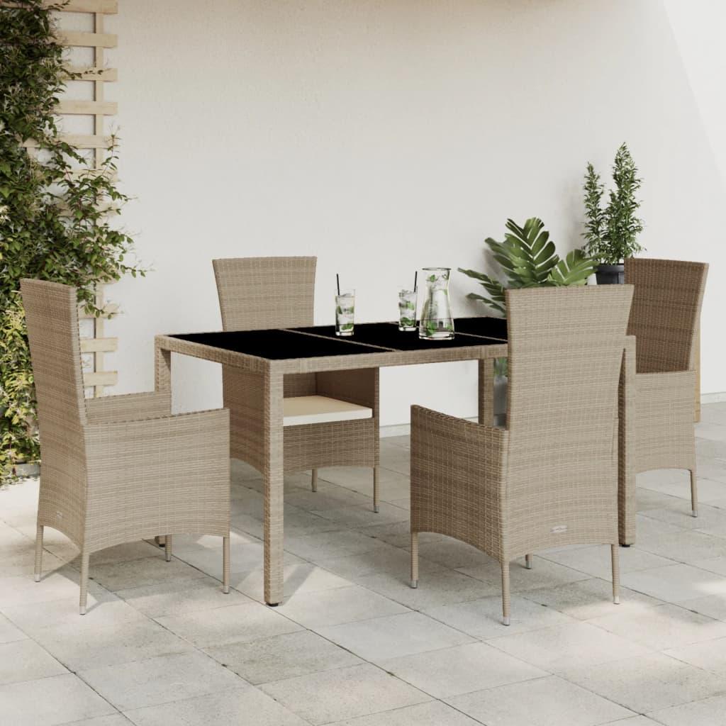 Spisebordssæt til haven 5 dele med hynder polyrattan beige