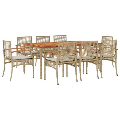 Spisebordssæt til haven 9 dele med hynder polyrattan beige