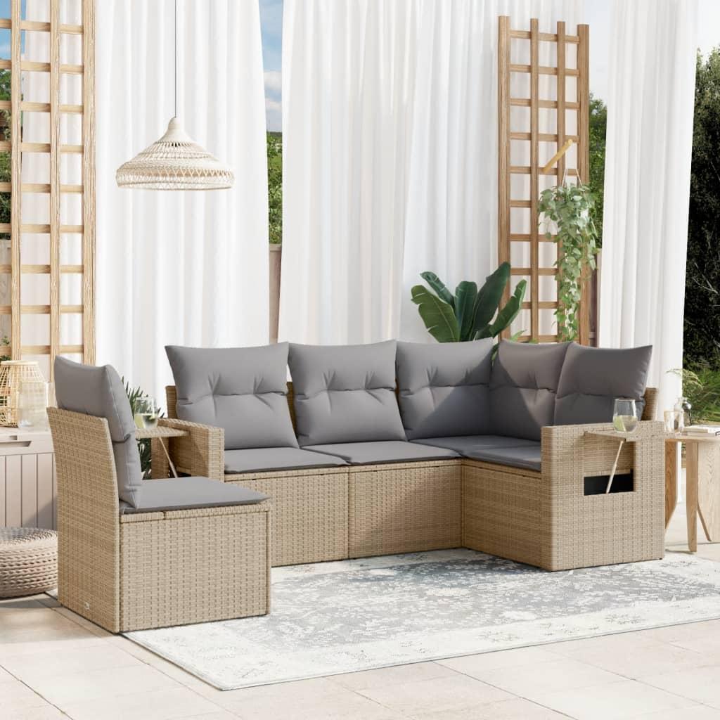 Sofasæt til haven 5 dele med hynder polyrattan beige