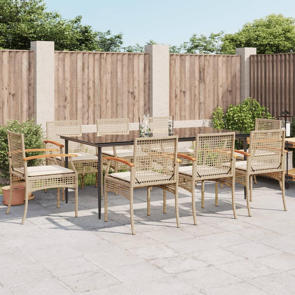 Spisebordssæt til haven 9 dele med hynder polyrattan beige