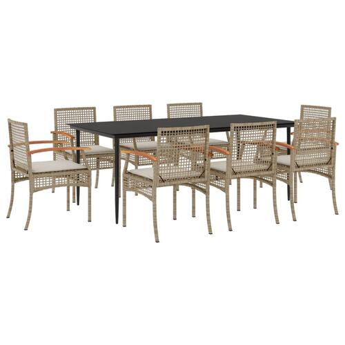 Spisebordssæt til haven 9 dele med hynder polyrattan beige