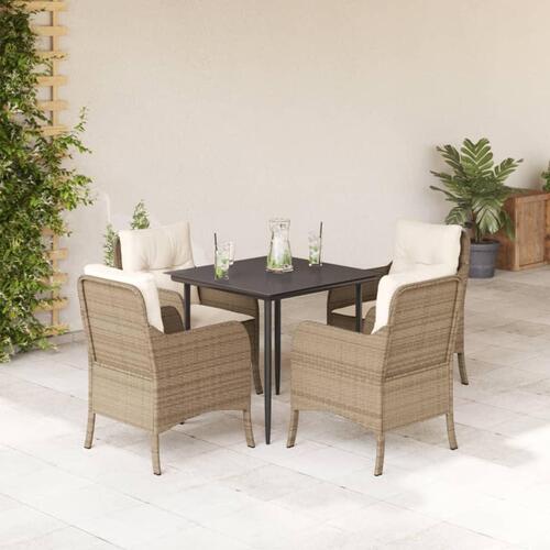 Spisebordssæt til haven 5 dele med hynder polyrattan beige