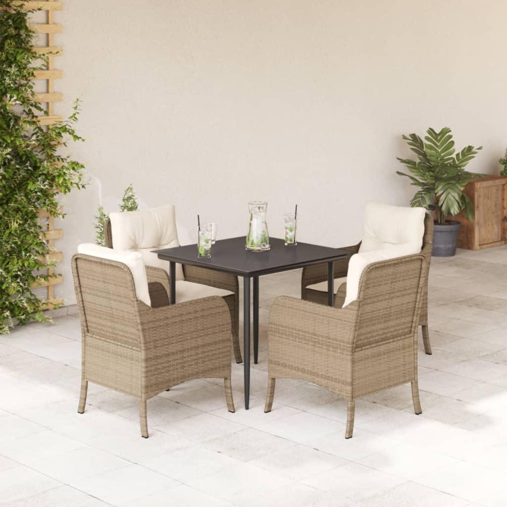 Spisebordssæt til haven 5 dele med hynder polyrattan beige