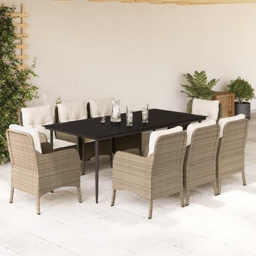 Spisebordssæt til haven 9 dele med hynder polyrattan beige