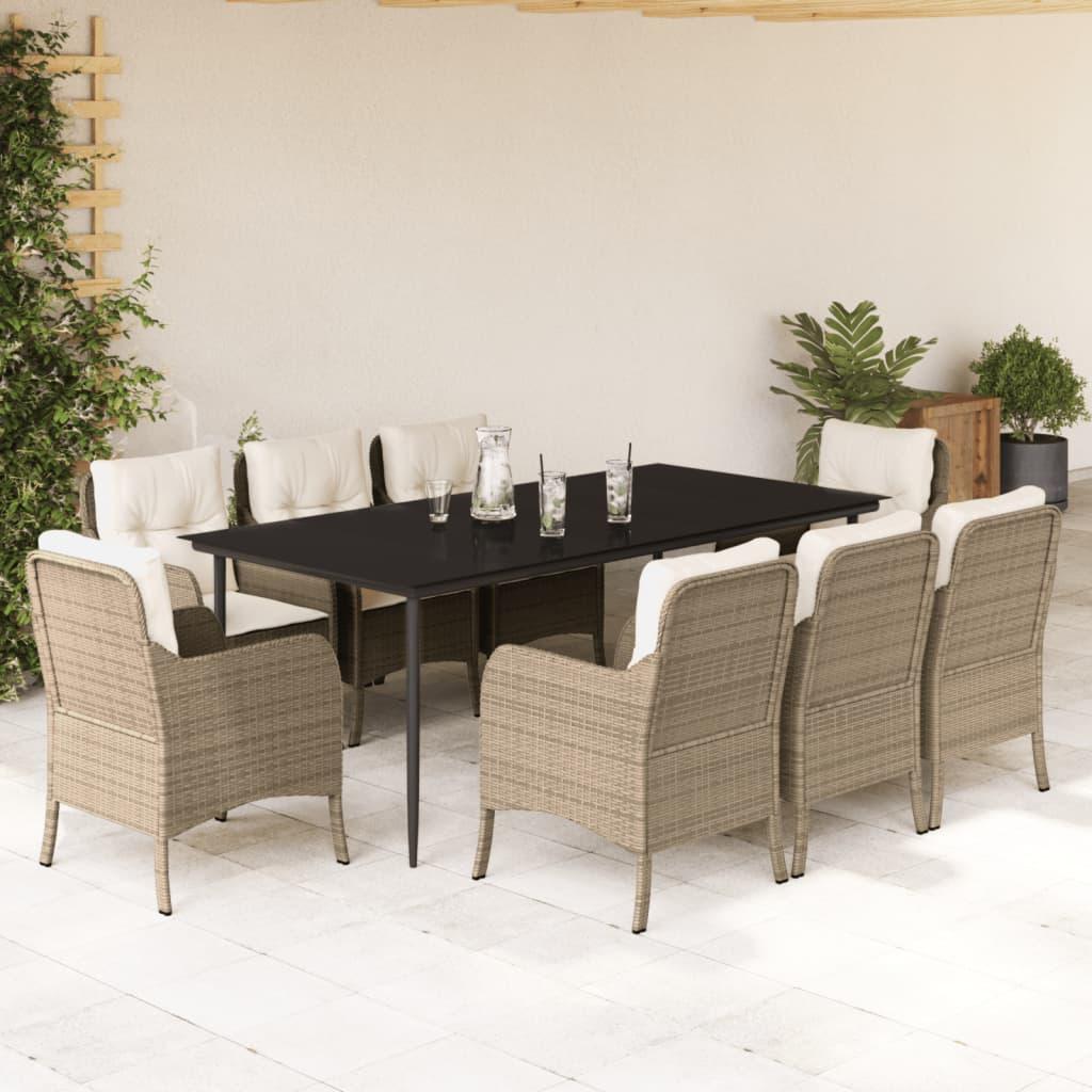 Spisebordssæt til haven 9 dele med hynder polyrattan beige