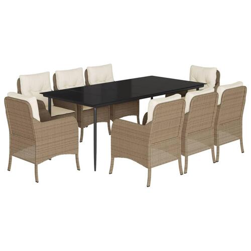 Spisebordssæt til haven 9 dele med hynder polyrattan beige