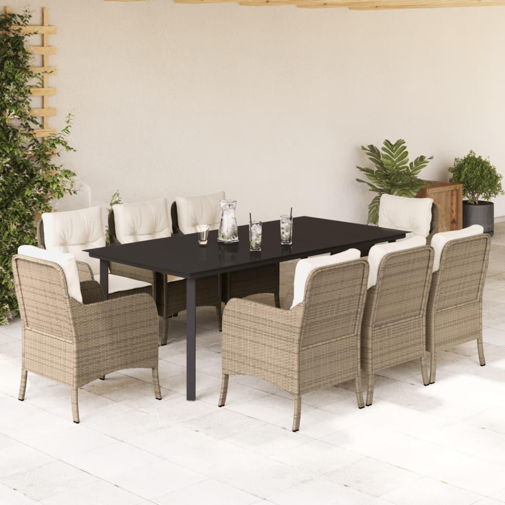 Spisebordssæt til haven 9 dele med hynder polyrattan beige