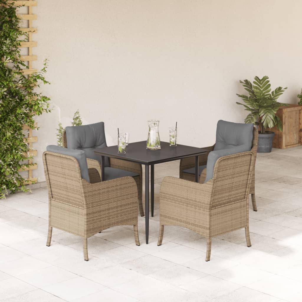 Spisebordssæt til haven 5 dele med hynder polyrattan beige