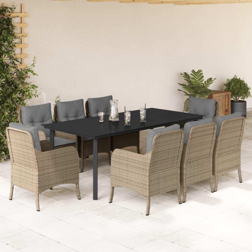 Spisebordssæt til haven 9 dele med hynder polyrattan beige