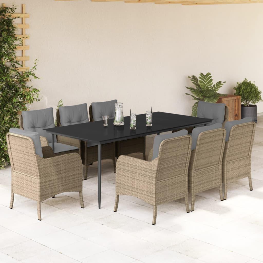 Spisebordssæt til haven 9 dele med hynder polyrattan beige