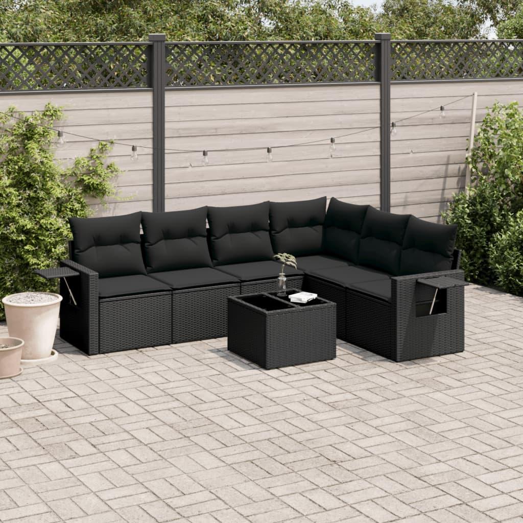 Havesofasæt i polyrattan - 7 dele med hynder, sort
