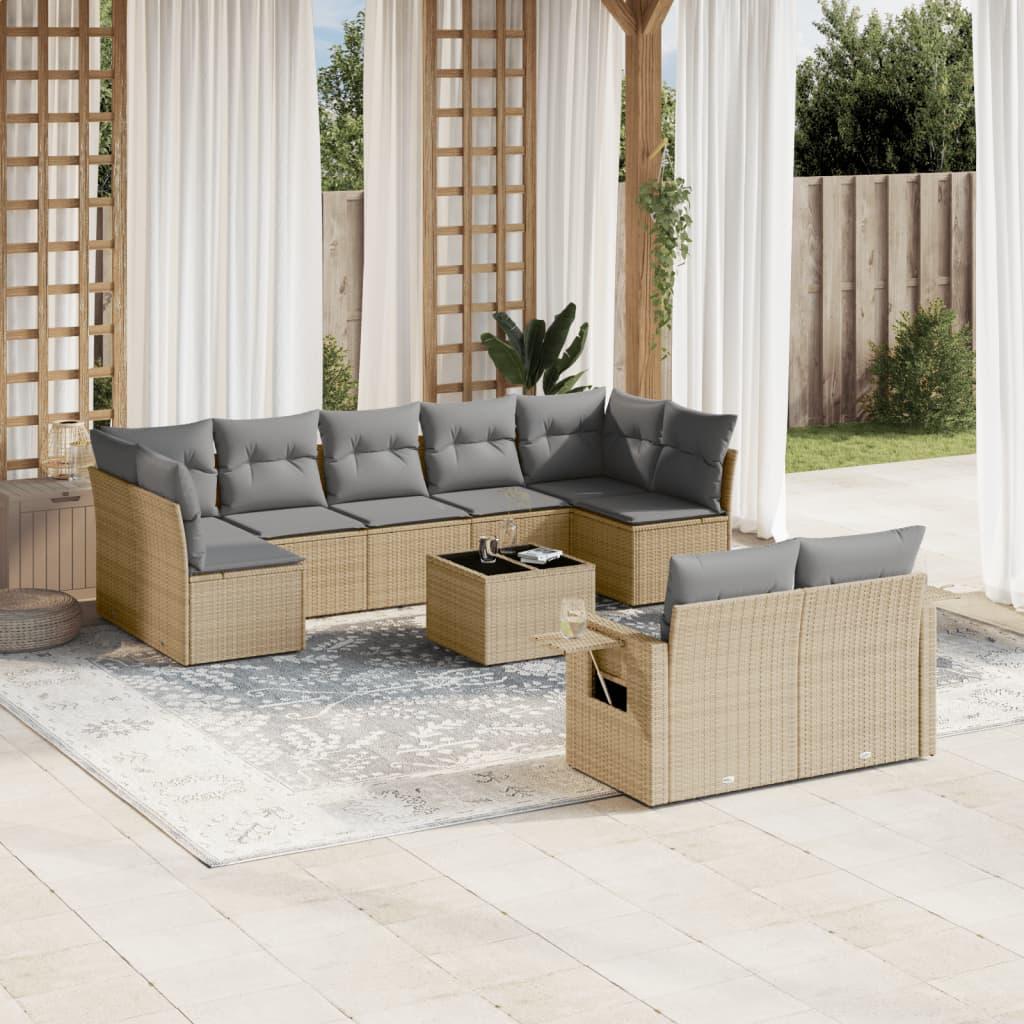 Havesofasæt i polyrattan, 10 dele med hynder - beige