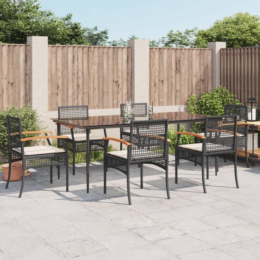 Spisebordssæt til haven 7 dele med hynder polyrattan sort