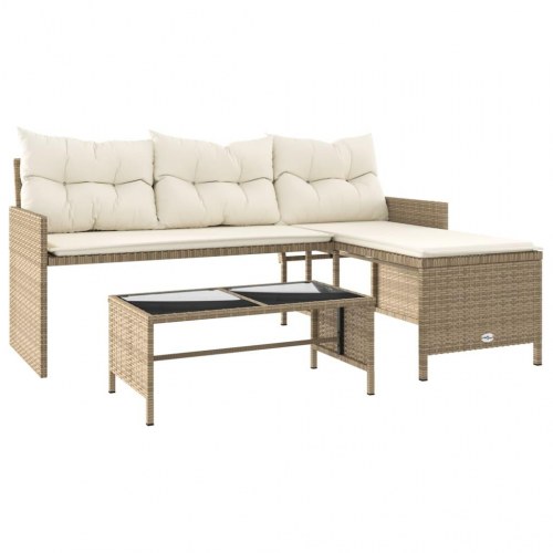 Havesofa med bord og hynder L-formet polyrattan beige