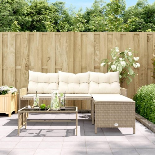 Havesofa med bord og hynder L-formet polyrattan beige