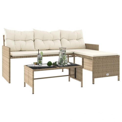 Havesofa med bord og hynder L-formet polyrattan beige