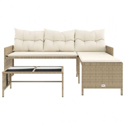 Havesofa med bord og hynder L-formet polyrattan beige