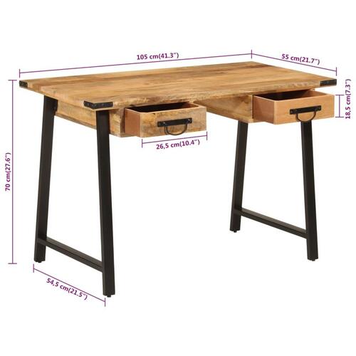 Skrivebord med skuffer 105x55x70 cm massivt mangotræ og jern