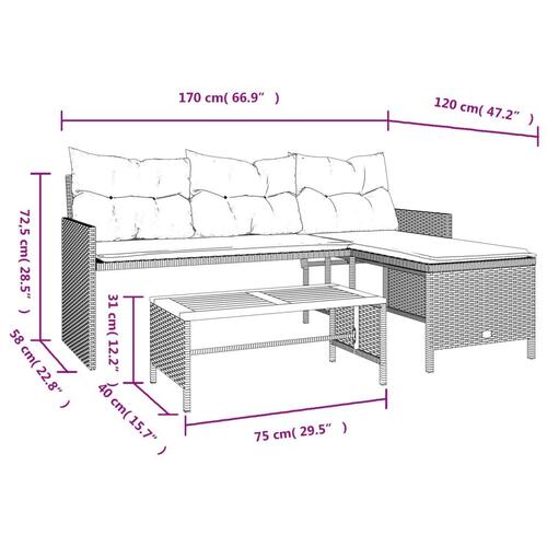 Havesofa med bord og hynder L-formet polyrattan grå