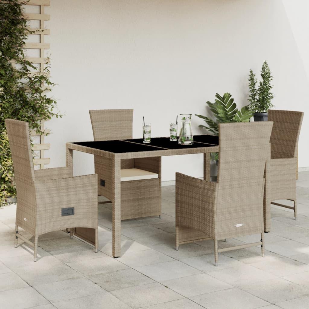 Spisebordssæt til haven 5 dele med hynder polyrattan beige