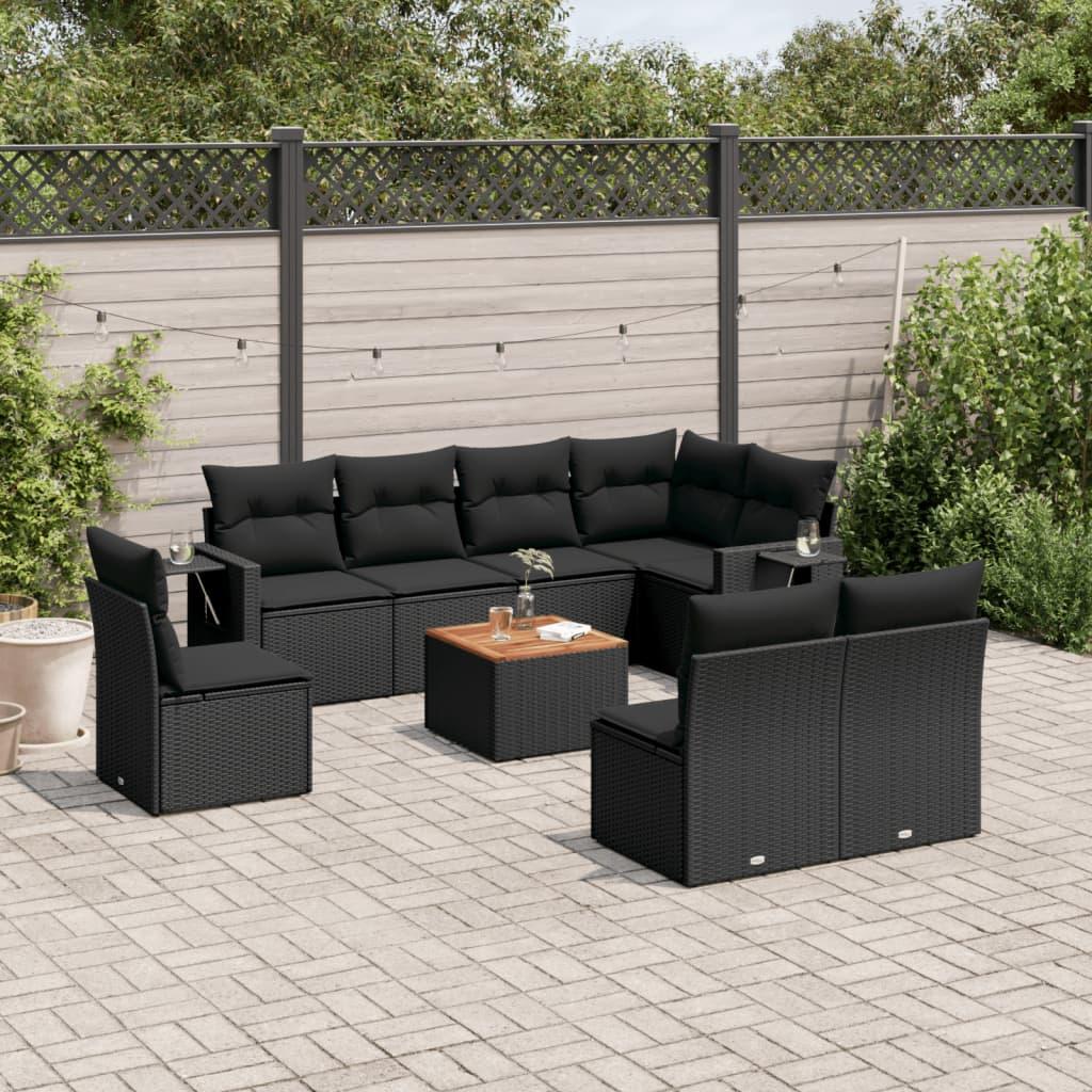 Sofasæt til haven i polyrattan - 9 dele med hynder, sort