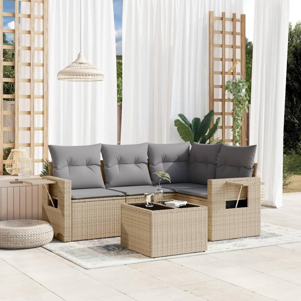 Sofasæt til haven 5 dele med hynder polyrattan beige billede