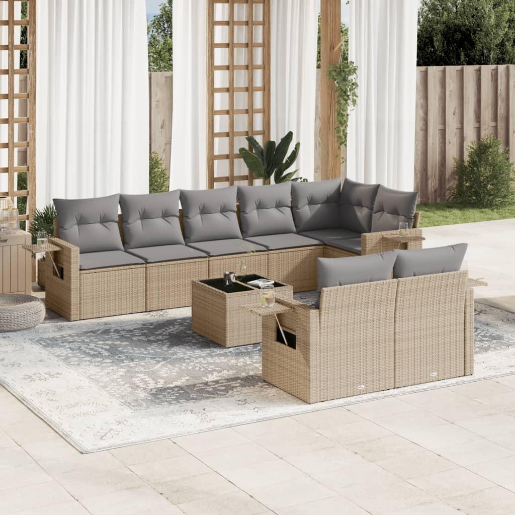 Sofasæt til haven 9 dele med hynder i polyrattan - beige