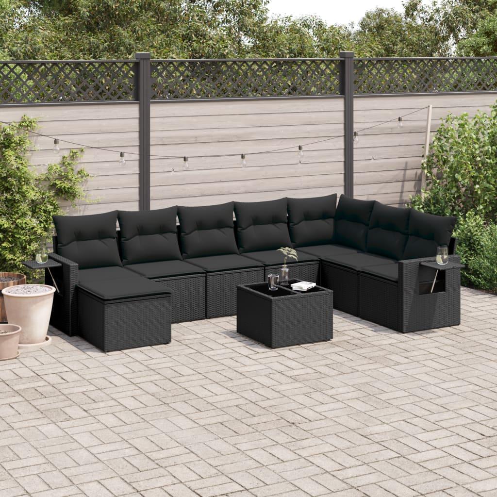 Havesofasæt i polyrattan - 9 dele med hynder, sort