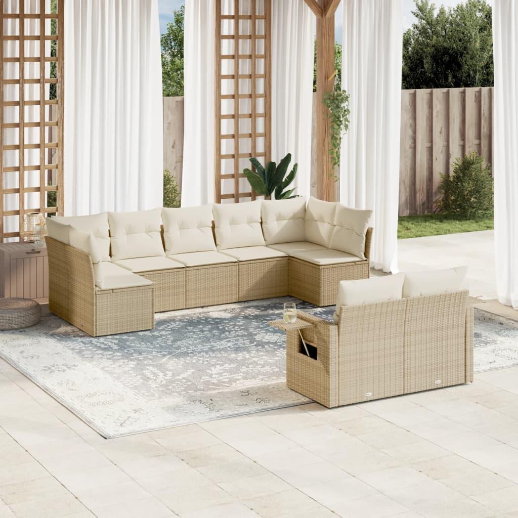 Havesofasæt 9 dele med hynder i polyrattan beige