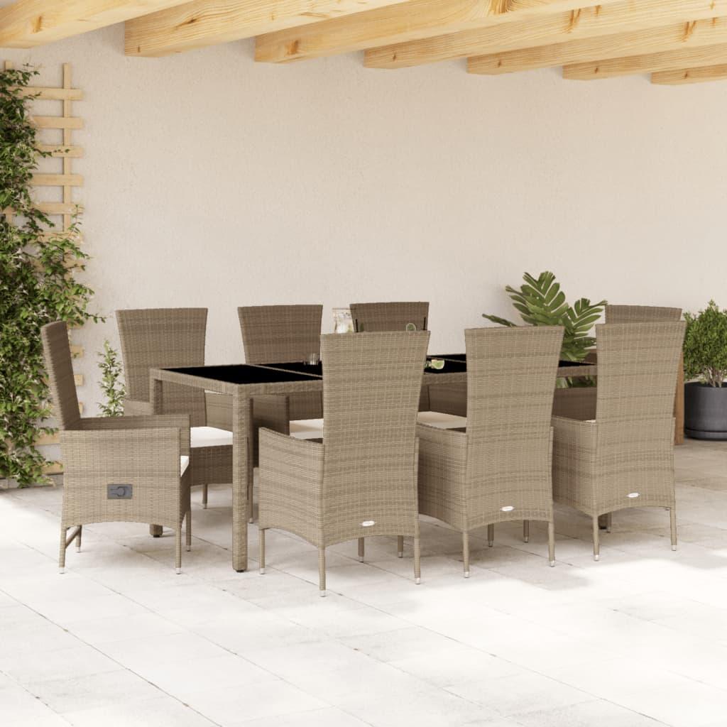 Spisebordssæt til haven 9 dele med hynder polyrattan beige