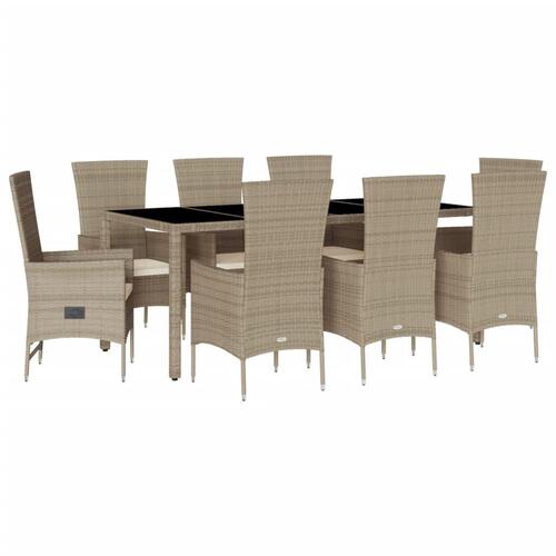 Spisebordssæt til haven 9 dele med hynder polyrattan beige