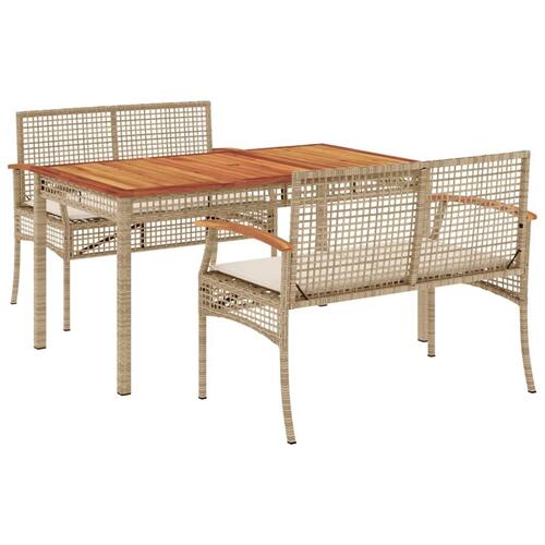 Spisebordssæt til haven 3 dele med hynder polyrattan beige