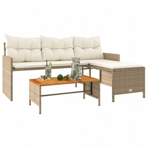 Havesofa med bord og hynder L-formet polyrattan beige